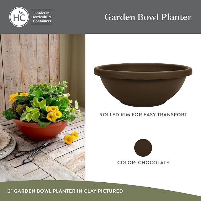 The HC Companies 24 Inch Shallow Garden Bowl Plant Pot with Drainage, Lightweight UV-Resistant Plastic Planters for Succulents, Herbs & More, 2-Pack Planters for Indoor Outdoor Home Decor, Chocolate