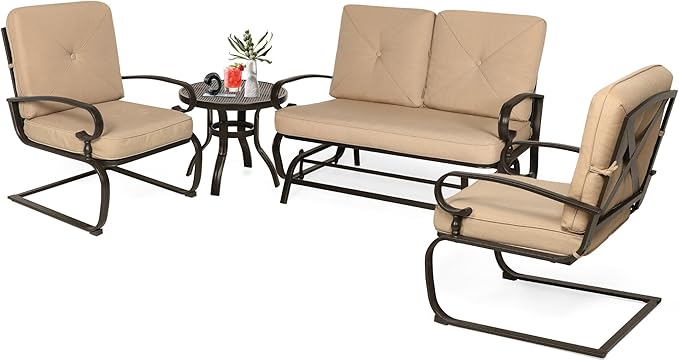 Incbruce 4Pcs Outdoor Metal Furniture Patio Conversation Sets (Glider, Bistro Table, 2 Spring Lounge Chairs) - Wrought Iron Outdoor Glider Chairs Sets (Brown)