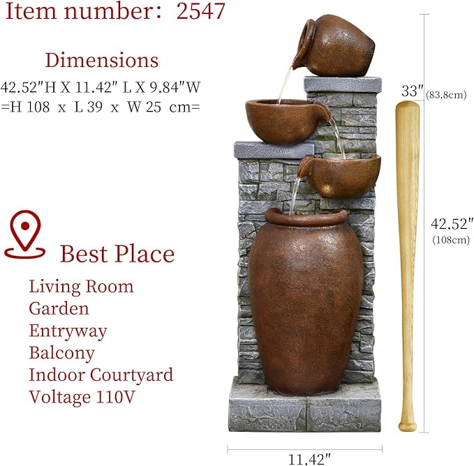 42.52" Outdoor Garden Water Fountain with Lights 4 Tiers Cascading Large Waterfall Floor Standing Fountain for Patio, Backyard, Deck, Porch and Home Art Decor
