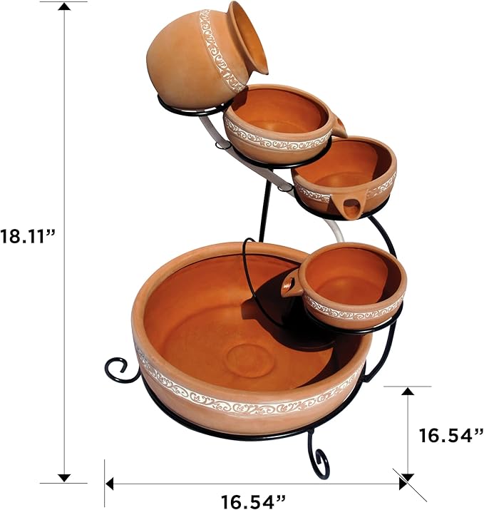 Koolscapes Solar-Powered 5-Tier Cascading Fountain, Terracotta Clay Pots, Self-Contained Water Feature, Low-Maintenance Outdoor Fountain for Deck Porch Balcony Garden Yard Pool Patio