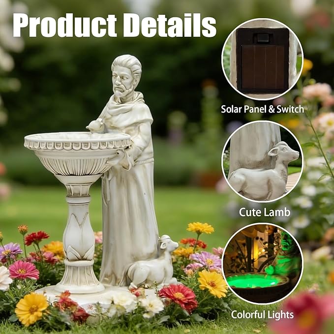 St Francis Garden Statue Outdoor Solar Garden Decor Resin Colorful Lights St Francis Statue with Bird Bath Feeder for Yard Patio Lawn Decoration Religious Gardening Gifts 4.5 * 6.5 * 10.5 in