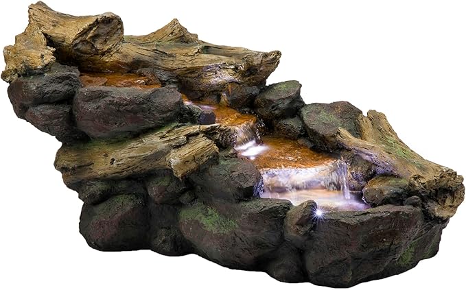 Alpine Corporation TZL296 41" Long Indoor/Outdoor River Rock and Log Fountain with LED Lights – Outdoor Water Feature for Garden, Patio, and Home Décor, Brown