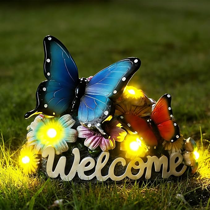 Solar Butterfly Garden Statues 5.3" Resin Butterflies Figurine with Welcome Sign Solar Butterfly Lights Outdoor Balcony Yard Patio Decor Housewarming Birthday Gifts for Women Mom Grandma