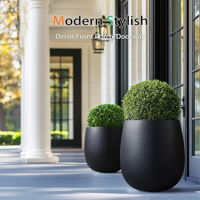 Oval Concrete Planters for Outdoor Plants, Large Tall Cement Flower Pots Indoor for Garden, Front Porch, Patio (Black)