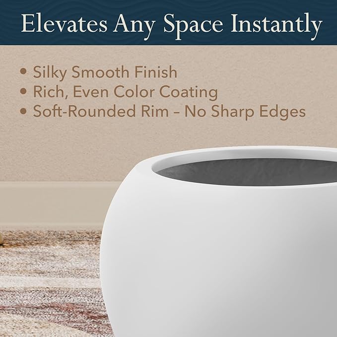 16" H x 20" D Premium Globo Fiberstone Round Planter with Drainage Hole, Weather Resistant for Indoor and Outdoor Use, Included 2 Extra Coco Mats (Light French Gray, 13.5" Pot Opening)