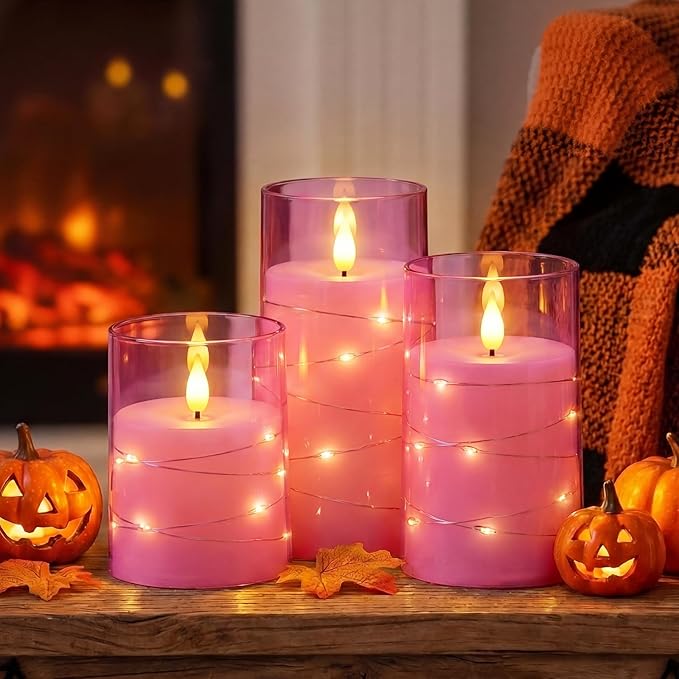 Homemory Flameless Candles with Embedded Star String Fairy Lights, Battery Operated Candles, LED Candle, Fake Candles with Remote Control and Timer, Pink, Set of 3(H 4" 5" 6?€?)