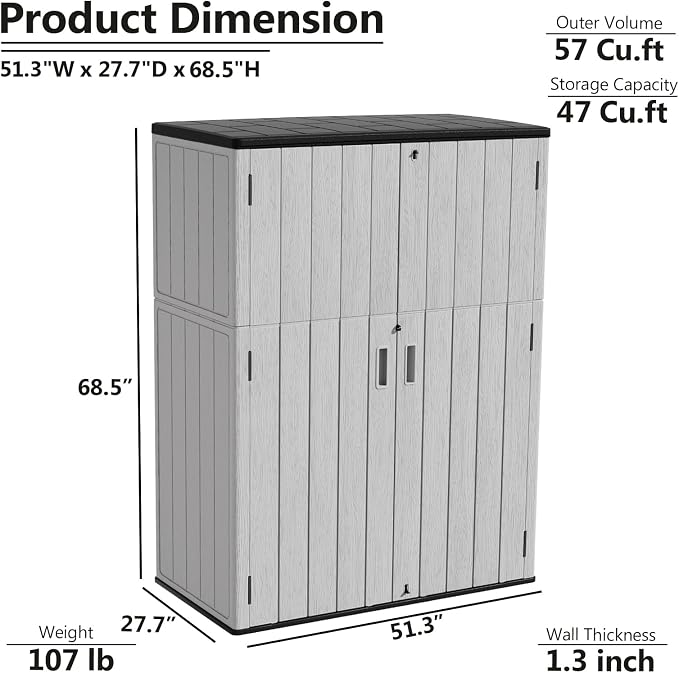 ZZM 57 Cu.ft Outdoor Storage Shed HDPE Storage Cabinet, Double-Wall Resin Sheds with Floor Vertical Lockable Sheds Garden Tools Trash Can, Lawn Mower, Bike Storage, Waterproof, Gray - Image 3