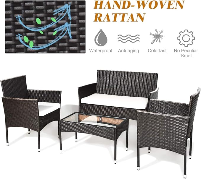 Tangkula 4 PCS Patio Outdoor Conversation Set with Glass Coffee Table, Loveseat & 2 Cushioned Chairs, Garden Lawn Rattan Wicker Patio Chat Set, Outdoor Furniture Set (Brown)