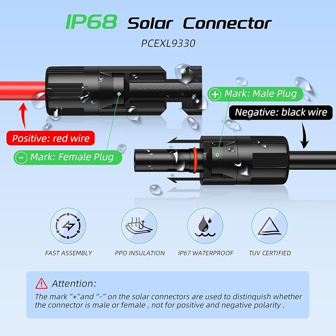 50FT 12AWG Solar Panel Extension Cable, Bateria Power 12 Gauge PV Wire with Female & Male Waterproof Connectors for RV, Photovoltaic Systems, Set of 2 - Image 4