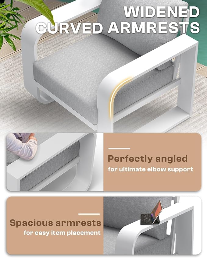 Aluminum Outdoor Patio Furniture Set, 5 Piece Oversized Patio Conversation Sets Widened Armrest & Ultra-Thick Cushions, Heavy Duty Modern Sectional Furniture for Backyard, Porch, White