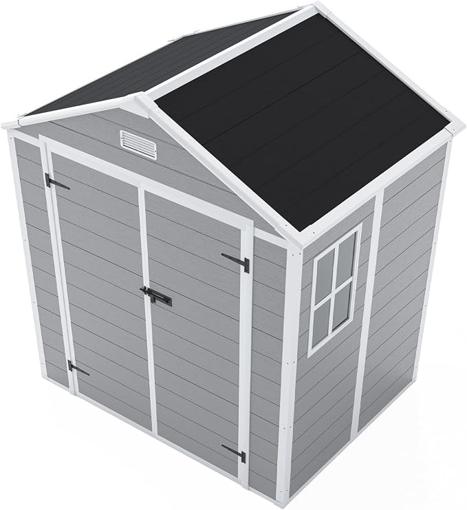 YOPTO 6x5 FT Resin Storage Shed,Garden House with Floor & Lockable Door,Waterproof Plastic Tool Sheds W/Slanting Roof Visual Window & Air Vents for Bicycles,Lawnmowers,Lawn,All Weather Use,Gray - Image 17