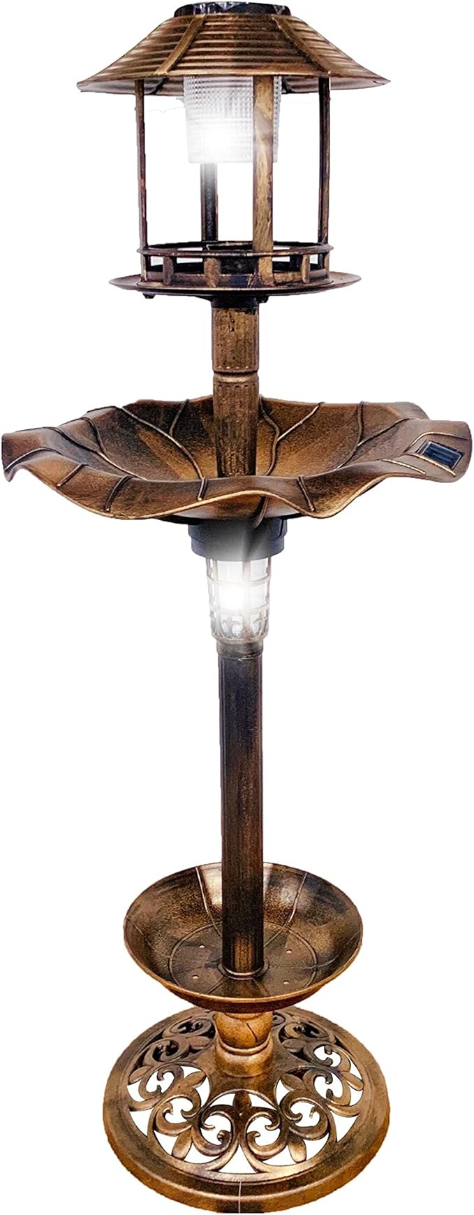 BTEXPERT Outdoor Solar Garden Bird Bath Vintage Lighted Pedestal Fountain Flower Birdbath Planter Accents Decoration Yard Statue Feeder, Decorative Cage, Fillable Stand Polyresin