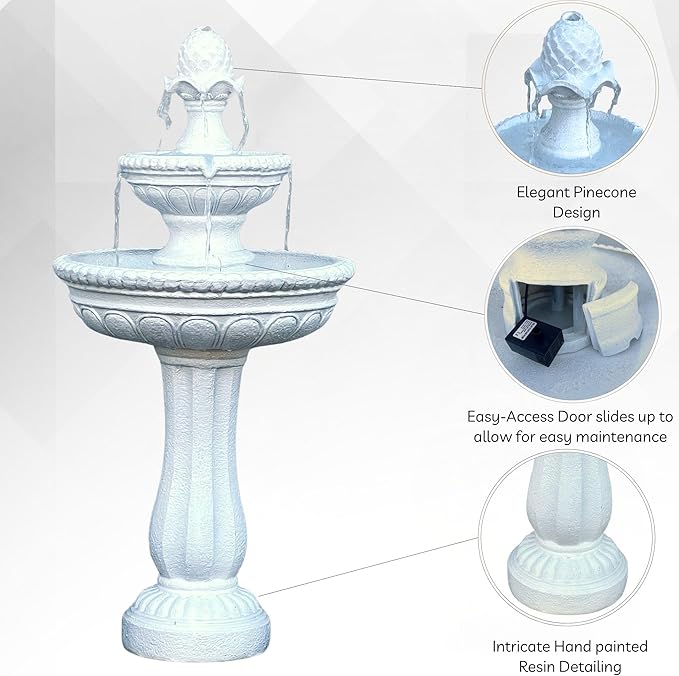 XBrand 39" 2-Tier Outdoor Freestanding Solar Water Fountain - Classic Design, White Resin Bird Bath with Pump - Ideal for Yard, Lawn and Garden, Porch Décor