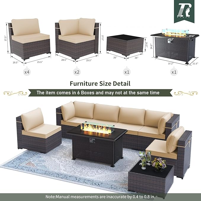 8 Pieces Outdoor Patio Furniture Set,Outdoor Sectional Furniture with 43" 55000 BTU Gas Propane Fire Pit Table,All Weather PE Rattan Wicker Patio Conversation Set,Sand