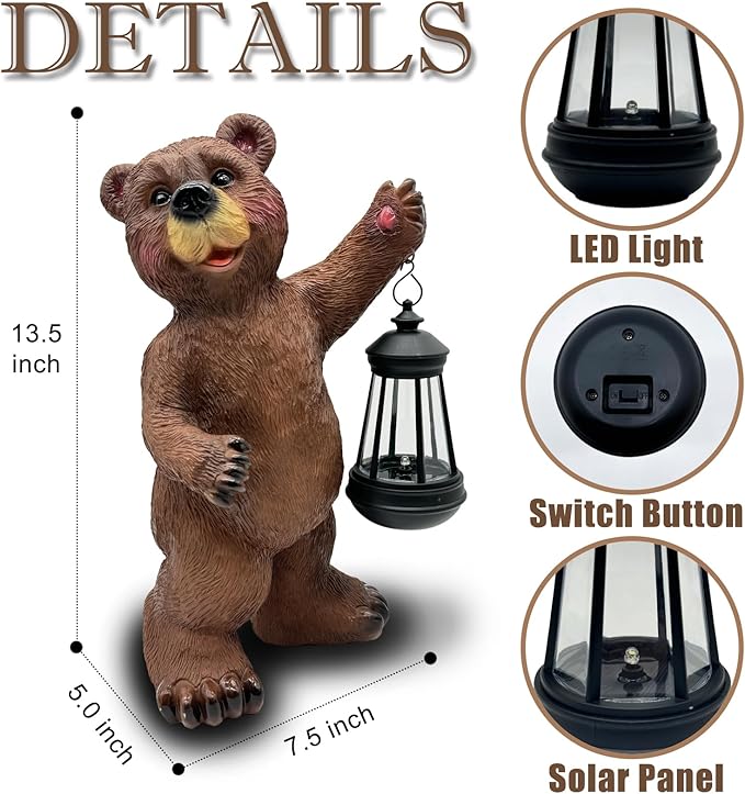 Solar Lantern Garden Statues Decor, 14" Large Outdoor Bear Figurine Lights for Yard Patio Decoration - Unique Christmas Housewarming Gift for Grandma Wowen Mom