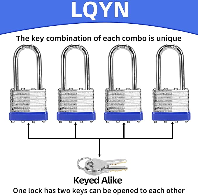 Padlocks with Same Key, LQYN 48 Pcs Laminated Keyed Padlock (1-9/16", 40mm), Keyed Alike Locks, Long Shackle, for Storage Locker, Hasp Latch, Toolbox, Sheds - Image 3