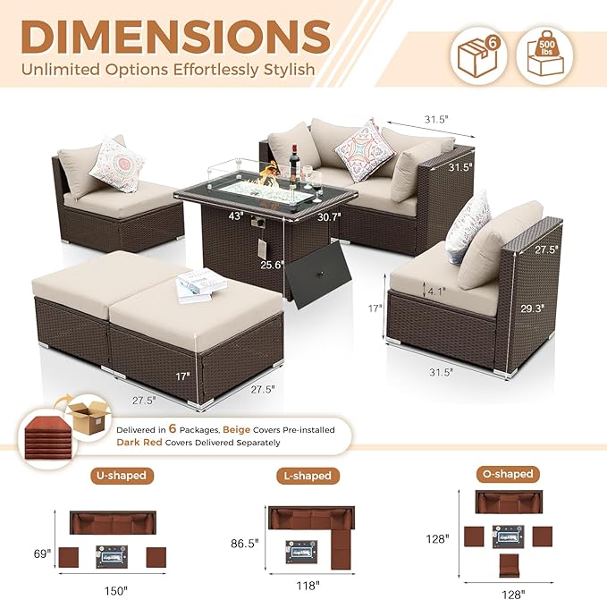 BULEXYARD 7 Pcs High Back Patio Furniture Set with Fire Pit Table Propane/Natural Gas Dual Fuel, Heavy Duty Outdoor Sectional Couch, Big Cozy Backyard Seating for Exterior, Brown Wicker & Red Cushion