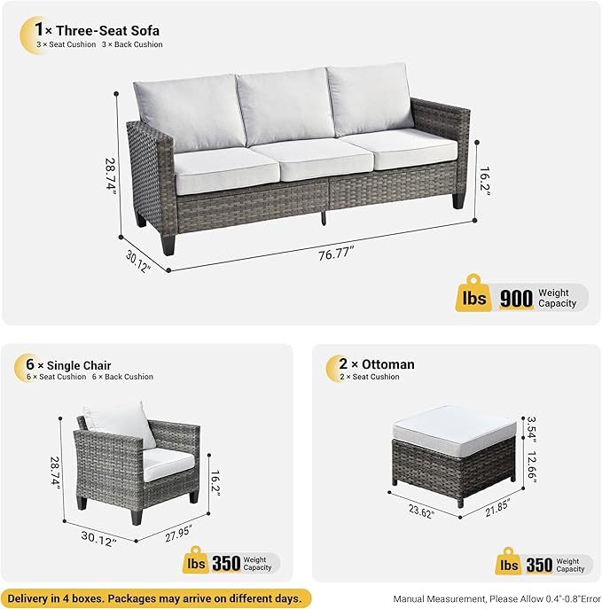 ovios Patio Furniture Set, 9 Pieces Outdoor Wicker Sofa Couch with 6 Chairs, Ottomans and Comfy Cushions, All Weather High Back Rattan Conversation Set, Grey
