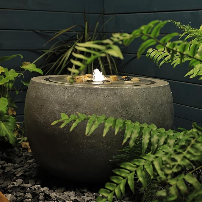 Garden Medium Water Fountain Outdoor Bubbler Water Feature Indoor with Lights & Pump and Pebbles Waterfall Fountains for Patio Deck Yard Home Decor Gray, 18 "L x 18" W x 11.5" H