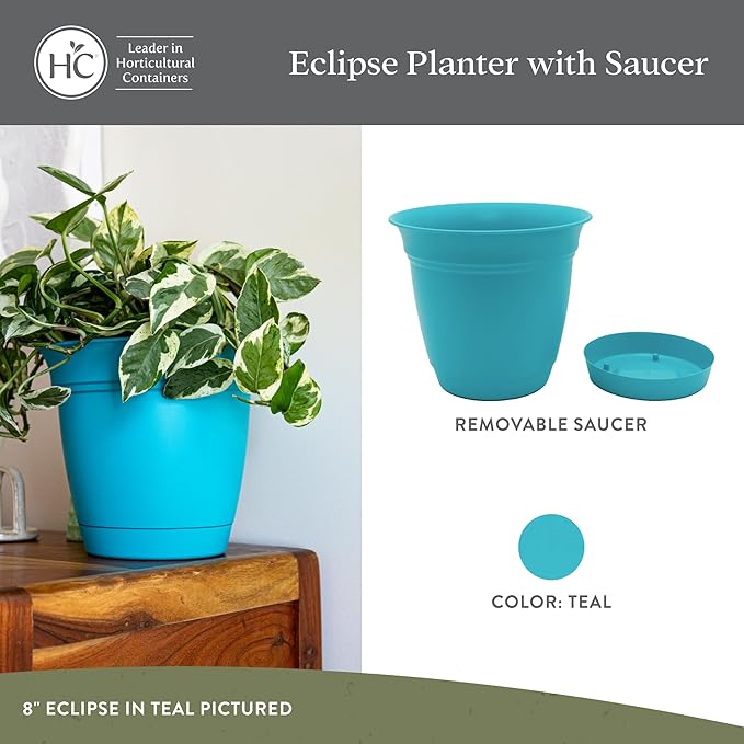 The HC Companies 10 Inch Eclipse Round Planter Pots with Drainage Holes & Attached Saucer, Lightweight UV-Resistant Plastic Indoor & Outdoor Planters, 2-Pack Flower Pots for Garden & Home Decor, Teal
