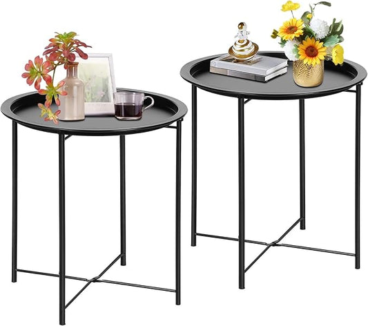 VECELO Side/End Table, Folding Round Metal Anti-Rust and Waterproof Outdoor or Indoor Tray for Living Room Bedroom Balcony and Office, 2 PCS, Black by VECELO