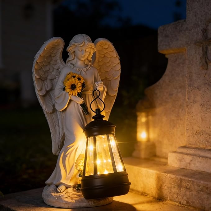 Sympathy Gifts for Loss of Loved One- 8.8" Resin Angel Figurines Holding Sunflowers Waterproof Angel Decor Cemetery Decorations for Grave-Grave Decorations for Cemetery