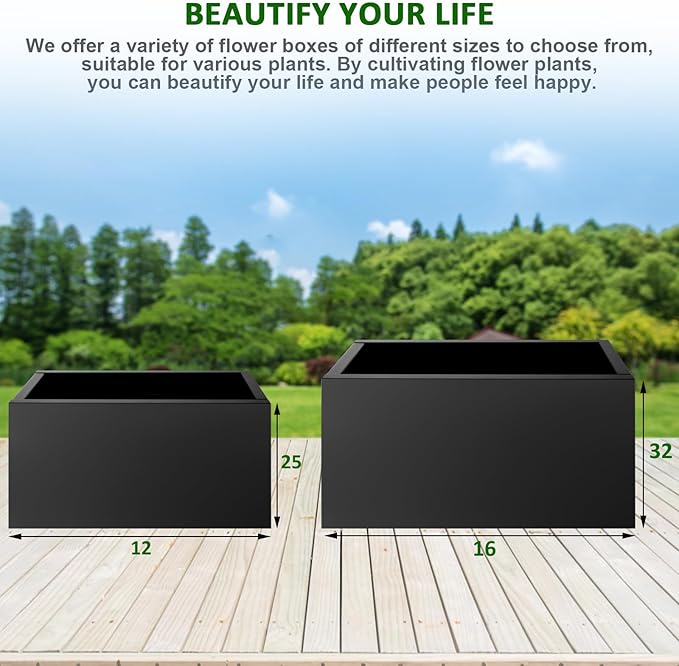 32"x16"x16" Large Metal Planter Box, Heavy-Duty Rust Resistant Steel Planter with Drainage Hole, Modern Rectangular Planter for Outdoor Indoor Patio Garden Yard (Black)