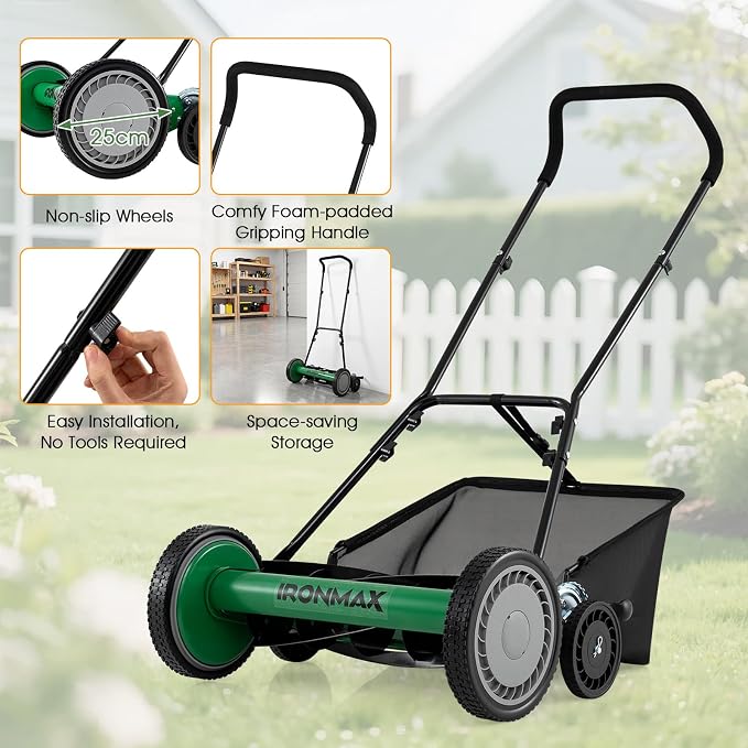 IRONMAX 18 Inch 5-Blade Push Reel Lawn Mower, 9-Level Adjustable Cutting Heights, Removable Grass Catcher, Lightweight No Motor Walk-Behind Manual Grass Cutter for Garden Yard Park (Green, 18 Inch) - Image 7