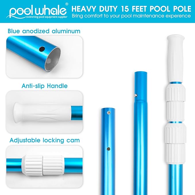 POOLWHALE Premium 15 Foot Telescopic Swimming Pool Pole, Adjustable 3 Piece Extendable Pool Cleaning Pole, Blue Anodized Aluminum - for Skimmer Nets, Vacuum Heads and Brushes - Image 5