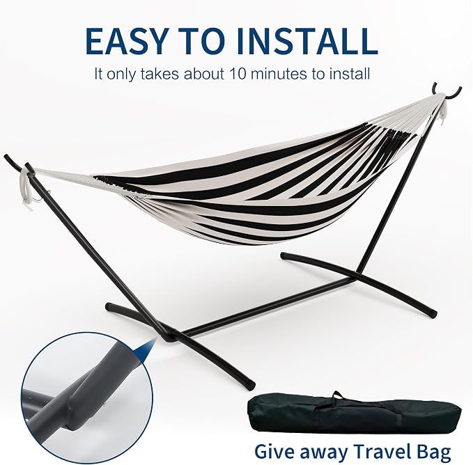 Double Hammock with Steel Stand - 2 Person Hammock Bed Indoor Outdoor, Brazilian-Style, with Carry Bag, 450lb Capacity, Portable & Easy Assembly, Black - Image 6