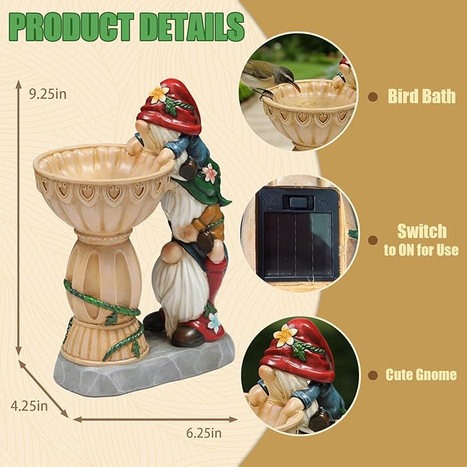 Garden Gnomes Outdoor Gnomes Garden Decorations for Yard Colorful Lights Resin Solar Outdoor Statues with Bird Bath Feeder Funny Outside Lawn Patio Housewarming Gifts 6.25 * 4.25 * 9.25 in