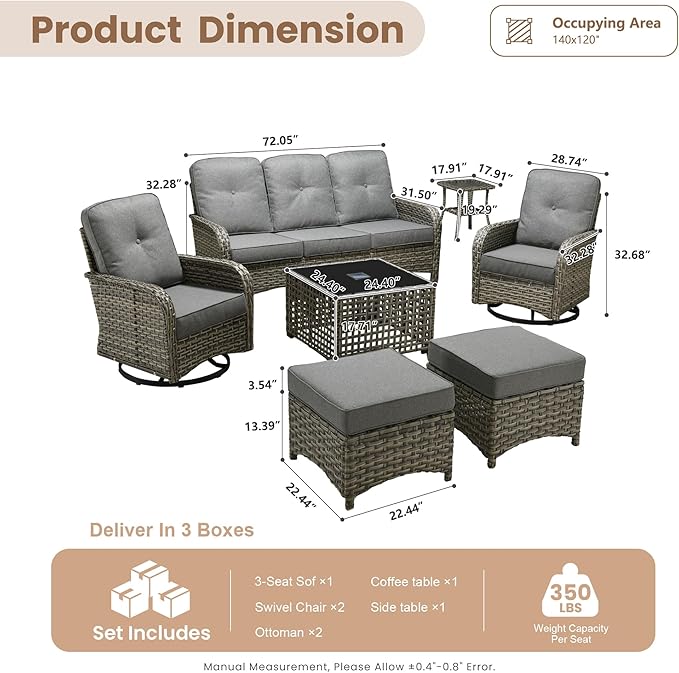HOOOWOOO Outdoor Patio Furniture Set with Light Table,7 Pieces Wicker Conversation Set,All Weather High Back Couch Sofa Swivel Chairs Ottomans Set,Charcoal Gray