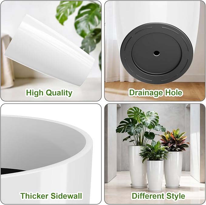 QCQHDU 24, 21, 18 inch Tall Planters for Outdoor Plants, with Drainage Hole & Saucer, Set of 3 Tall Outdoor Planter for Indoor & Outdoor Plants, Modern Home Decor
