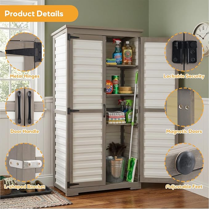 Outdoor Storage Cabinet with Shelves, Lockable Garden Shed, Wood & Plastic Weatherproof Outside Tool Cabinet for Patio, Backyard, Balcony White - Image 6