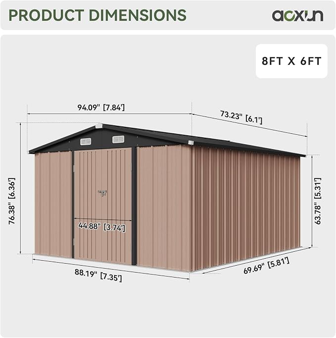 Aoxun 8x6 FT Outdoor Storage Shed Garden Metal Shed with Lockable Door Outdoor Large Shed for Tool, Garbage Can, Bike, Mower, Brown - Image 2