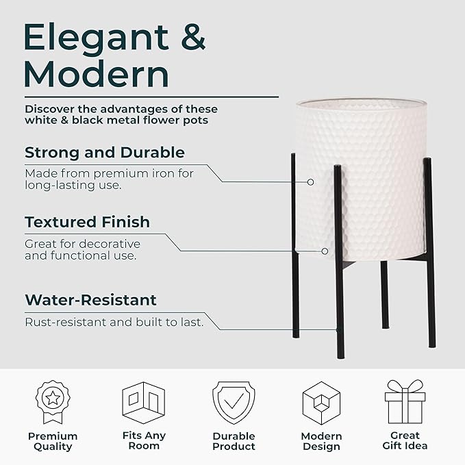 Decorative Flower Pots with Metal Stand for Home Decor - Modern Planters for Hallway, Entryway, and Living Room Decor - Indoor and Outdoor Pots for Plants - Set of 2, 23", 19", White & Black