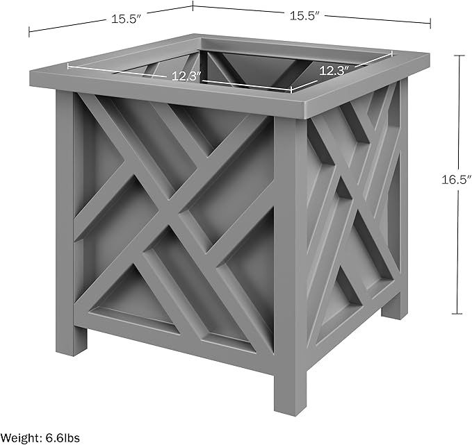 Lattice Design Outdoor Planter Box - 15.5” Square 16.5” Tall Gray Plant Pot - Decorative Plant Pots for Front Porch Decor - Flower Pots Outdoor Planters for Porch Patio or Garden Decor by Pure Garden