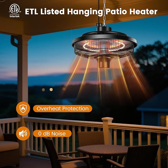 Hanging Patio Heater, 1500W Electric Infrared Heaters for Home, Gazebo, Garage, Greenhouse, Ceiling Mount with Overheat Protection, IPX4 Water Resistance, Adjustable Height (Black)
