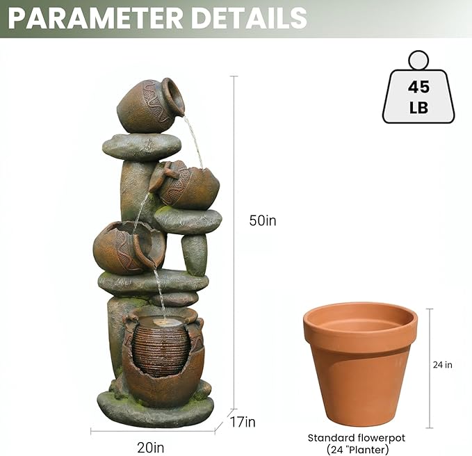 50" H Outdoor Water Fountain with LED Lights, 4-Tier Cascading Water Fountain for Indoor & Outdoor Use, Garden Patio Waterfall Fountain with Stone & Crock Design for Porch, Backyard Décor