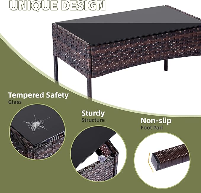 Patio Furniture Set,4 Piece Garden Conversation Set, Outdoor Wicker Rattan Table and Chairs, Black Patio Set, Sectional Sofa with Thick Cushion for Garden, Yard, or Porch (Brown/Red)