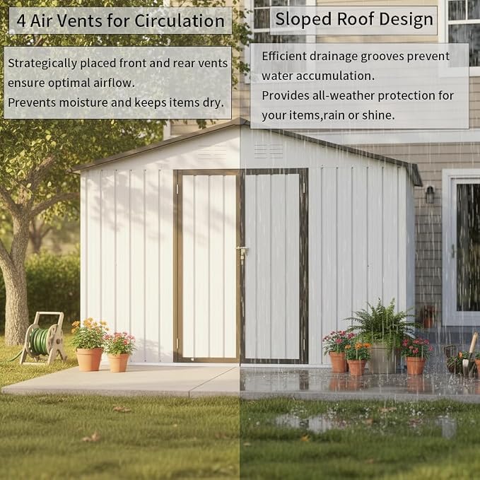 Ball & Cast 10x12 FT Sheds & Outdoor Storage,Metal Aluminum Garden Shed,with Punched Vents,Waterproof Cabinet w/Hinged Door and Padlock,Tool House for Storing Bicycles,Lawnmowers,Barbeques,White+Grey - Image 6