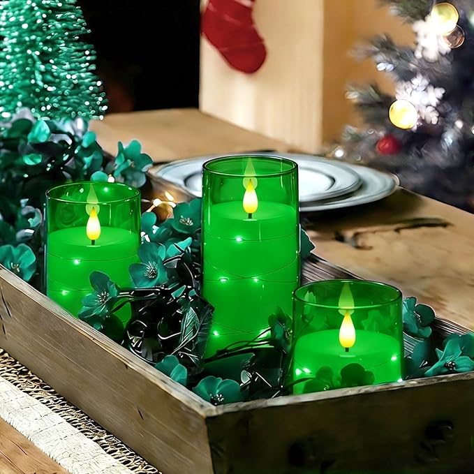 Homemory St. Patrick's Day Flameless Candles with Embedded Star String Fairy Lights, Green Battery Operated Candles, LED Candle, Fake Candles with Remote Control and Timer, Set of 3(H 4" 5" 6?€?)