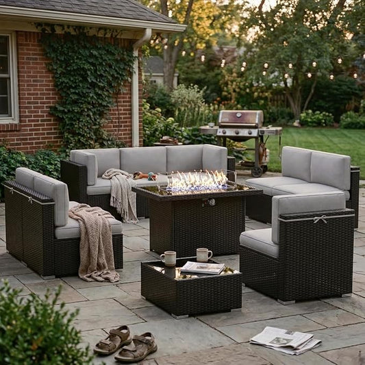 10 Pieces Patio Furniture Set with 44" Propane Gas Fire Pit Table, Outdoor Sectional Wicker Conversation Sofa Sets with Coffee Table