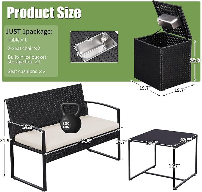 FHFO 5 Piece Outdoor Patio Furniture Set with 28”Gas Fire Pit Table & Ice Bucket Storage Box, Outdoor Wicker Rattan Patio Conversation Set for Outside, Poolside, Balcony, Porch, Black-Beige