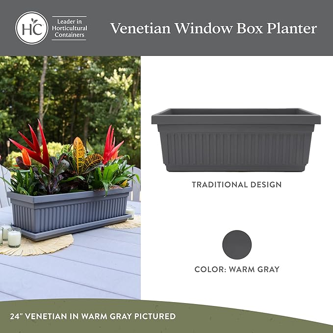 The HC Companies 18 Inch Venetian Window Planter Box with Drainage Plug, Lightweight UV-Resistant Plastic Indoor & Outdoor Planters, 2-Pack Flower Box for Garden & Home Decor, Warm Gray