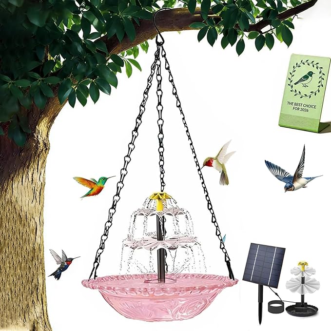 Solar Cascade Hanging Bird Bath Fountain, Tiered Cascade Solar Water Fountains No Wiring, Attracts Hummingbirds & Garden Birds for Outdoors Garden Patio Backyard Lawn Decor (Pink)