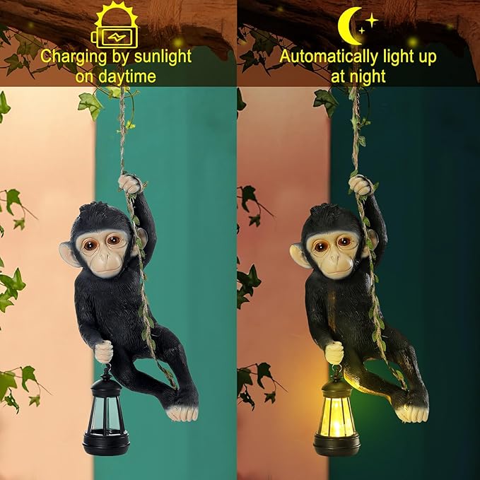 Solar Light Outdoor Monkey Statues Black 13.78 Inch Resin Chimpanzee Baby Monkey Climbing on Vine with LED Lantern Waterproof Hanging Figurine with Hook for Yard Garden Wall