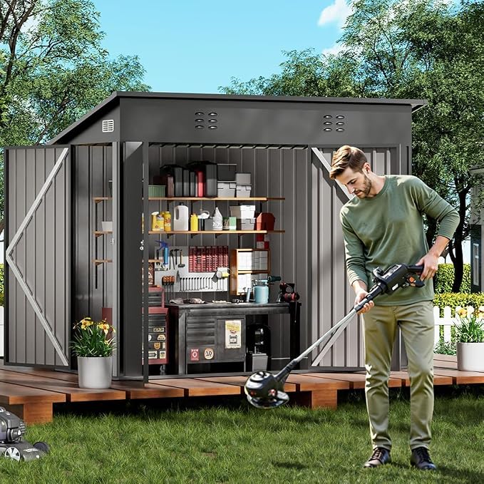 COMHOMA Shed Outdoor Storage Shed Metal,Lockable Doors Tool Sheds with Sloping Roof,Steel Garden Shed with Air Vent for Backyard,Patio,Lawn,Poolside(Grey,8'*4') - Image 6