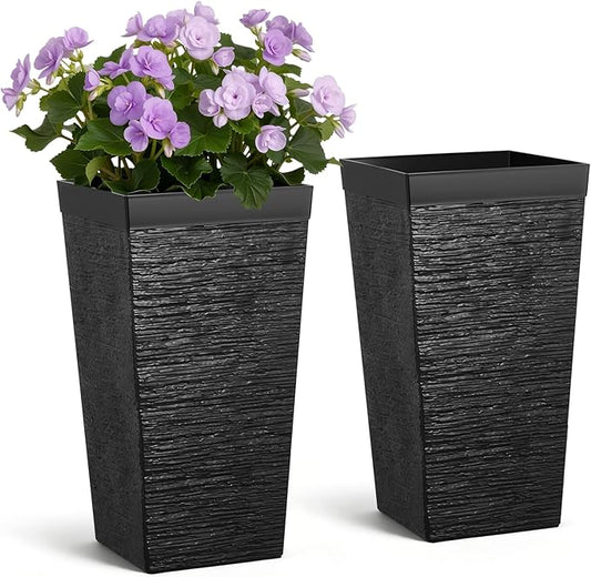 VEVOR Set of 2 Tall Planters for Outdoor Plants 23 inch, Black Tall Planter for Indoor Plants, Modern Planters for Front Porch Patio Balcony, Plant Container Flower Pots with Built-in Drainage