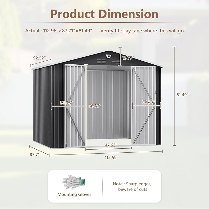 10x8 FT Outdoor Storage Shed, Metal Garden Shed - Tool Storage Sheds with Lockable Doors, Waterproof Outside Storage Building for Backyard, Patio (Black; Floor Not Included) - Image 4